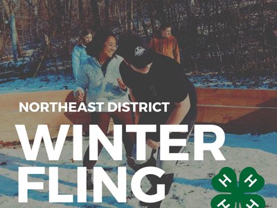 Teens playing in snow; text: NORTHEAST DISTRICT WINTER FLING FOR AGES 13-18 and 4-H clover
