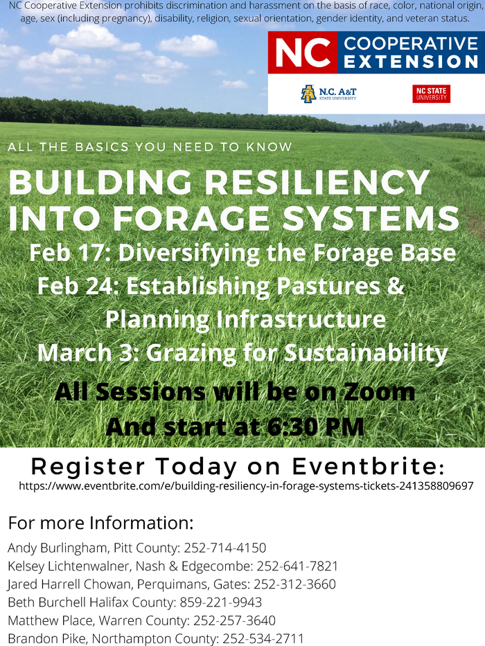 Building resiliency into forage systems flyer — Feb 17, Feb 24, Mar 3; Zoom sessions 6:30 PM; Eventbrite