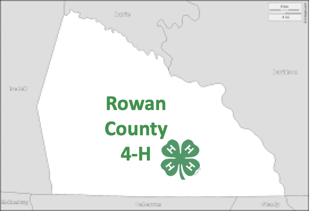 Outline map of Rowan County with text "Rowan County 4-H" and green 4‑H clover logo