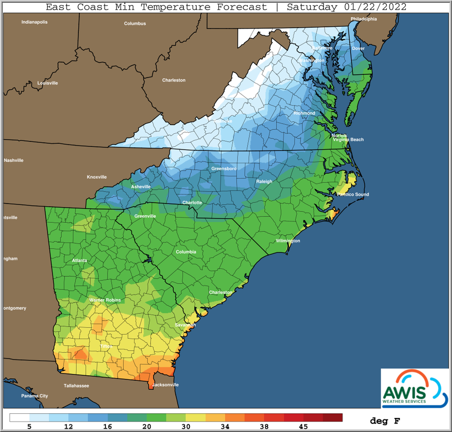 East Coast minimum temperature forecast map (deg F) for Saturday 01/22/2022