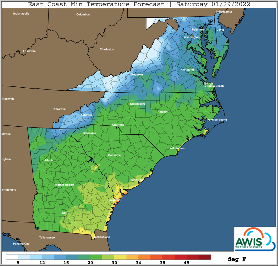 East Coast minimum temperature forecast map for Saturday 01/29/2022 with color legend (deg F)