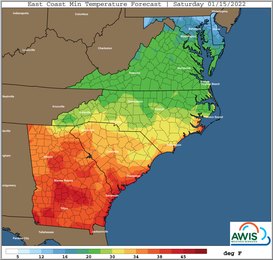 East Coast minimum temperature forecast map, Saturday 01/15/2022, temperatures shown in deg F