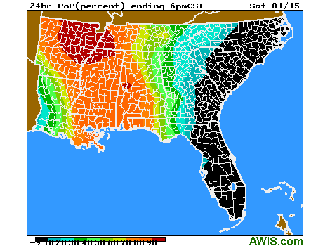 24hr PoP(percent) ending 6pm CST Sat 01/15 map of southeastern US with color-coded probabilities