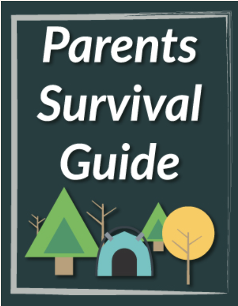 Parents Survival Guide text above camping icons: tent and trees
