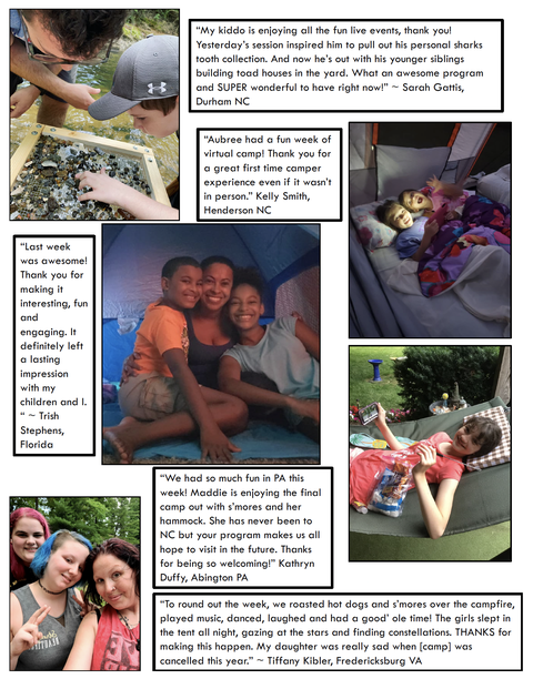 Collage: families and children at camp activities (tent, creek panning, hammock) with testimonial text