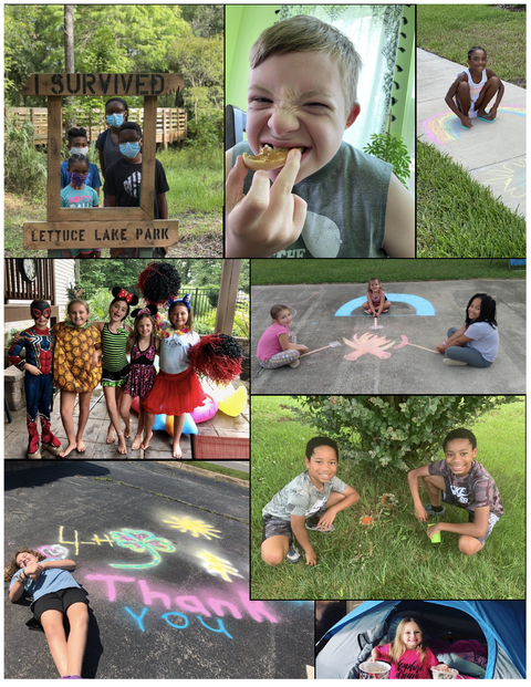 Collage of children: masked group by sign "I SURVIVED LETTUCE LAKE PARK", chalk art, costumes
