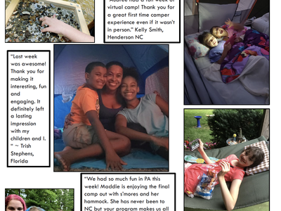 Collage: families and children at camp activities (tent, creek panning, hammock) with testimonial text
