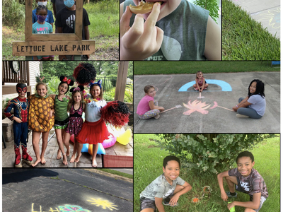 Collage of children: masked group by sign "I SURVIVED LETTUCE LAKE PARK", chalk art, costumes