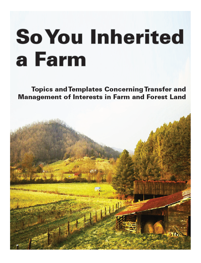 Cover titled "So You Inherited a Farm" over pastoral farm landscape with barn, fields, and hills