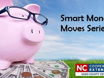 Pink piggy bank wearing glasses on US bills; "Smart Money Moves Series" and NC Cooperative Extension logo