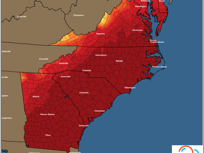 East Coast minimum temperature forecast Sunday 01/02/2022, colored map with deg F scale