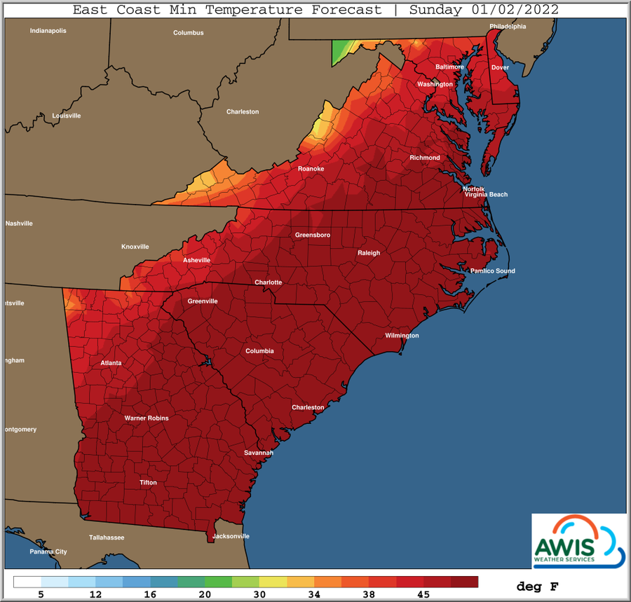 East Coast minimum temperature forecast Sunday 01/02/2022, colored map with deg F scale