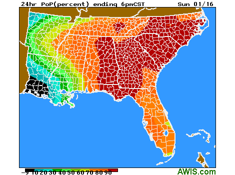 Map: 24hr PoP(percent) ending 6pm CST Sun 01/16 showing precipitation probability across southeastern US