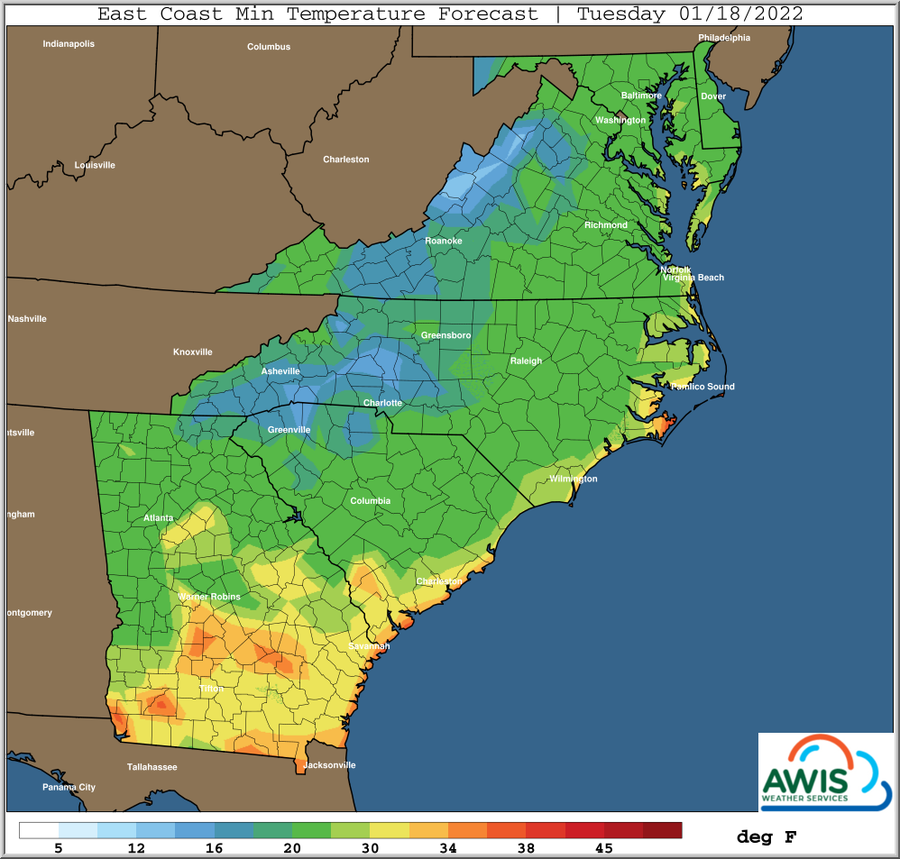 East Coast min temperature forecast map, Tuesday 01/18/2022, color-coded degrees F