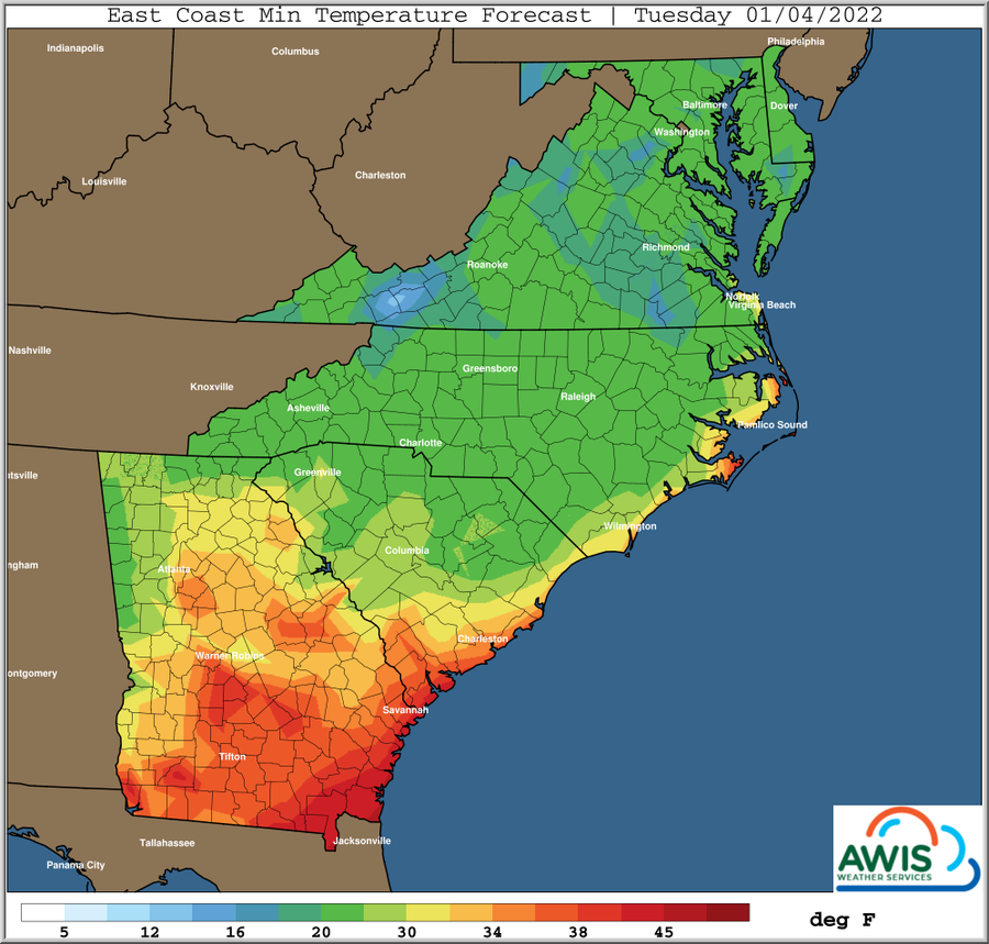 East Coast minimum temperature forecast map Tuesday 01/04/2022 with color legend in °F