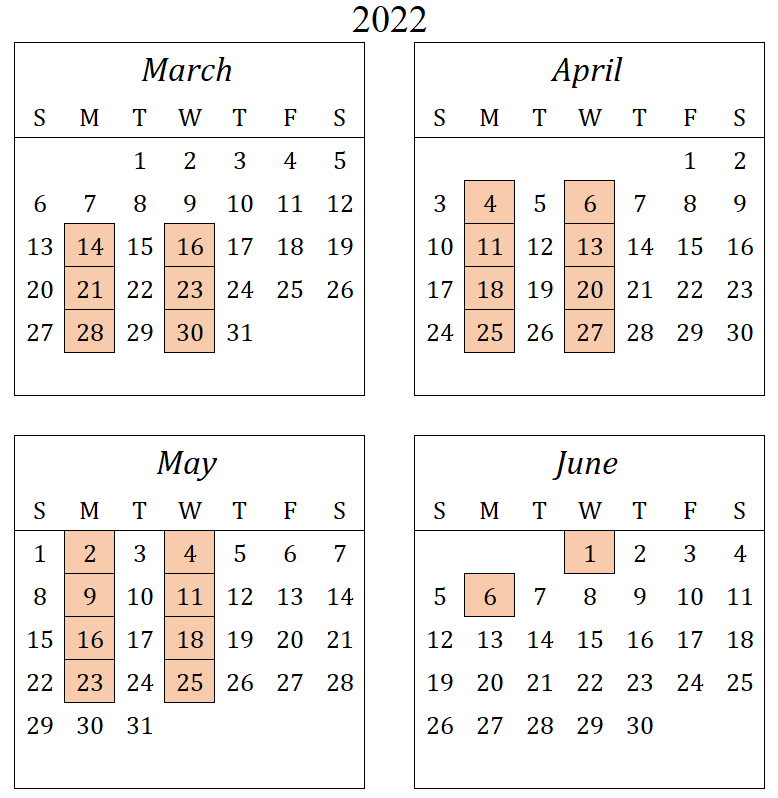 2022 calendar showing March–June months with several highlighted dates.