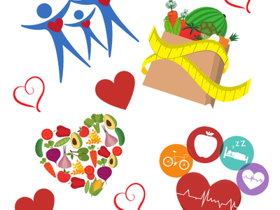 Icons: family with hearts; produce box with measuring tape; vegetable heart; heart with wellness symbols