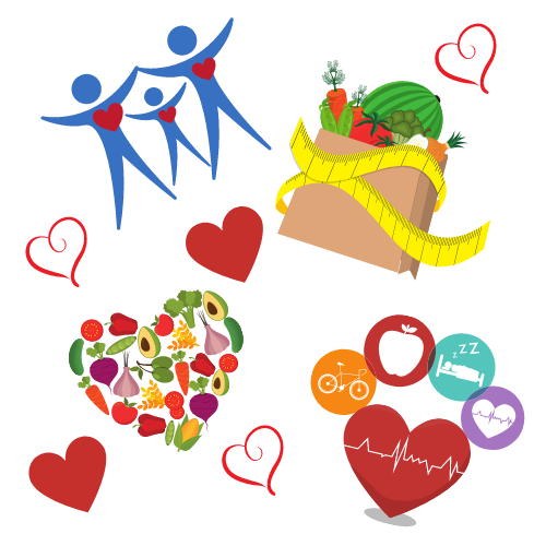 Icons: family with hearts; produce box with measuring tape; vegetable heart; heart with wellness symbols