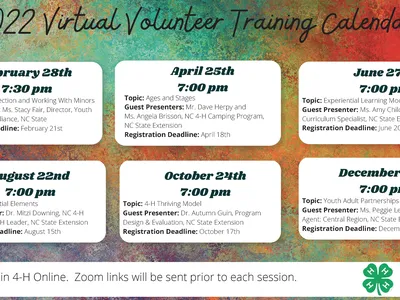 2022 Virtual Volunteer Training Calendar listing six session dates with times and registration info