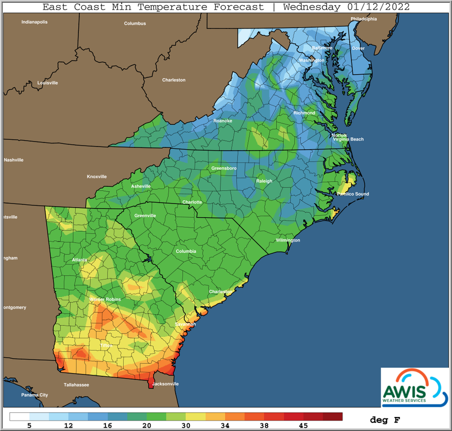 East Coast minimum temperature forecast map, Wednesday 01/12/2022, color scale in °F
