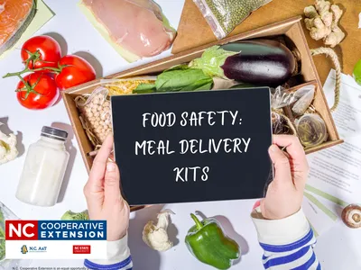 Hands holding tablet reading "FOOD SAFETY: MEAL DELIVERY KITS" above meal kit with vegetables