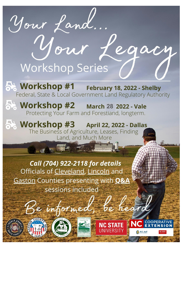 Farmer standing in a field; text "Your Land... Your Legacy Workshop Series" and workshop dates