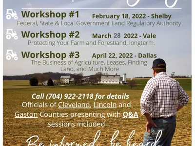 Farmer overlooking field with text "Your Land... Your Legacy" and workshop dates and phone number
