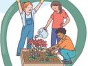 Three people tending a raised garden bed: one waters, one plants, one holds a trowel aloft
