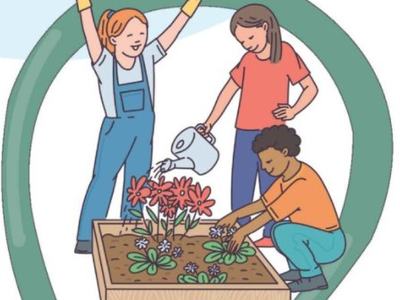 Three people tending a raised garden bed: one waters, one plants, one holds a trowel aloft
