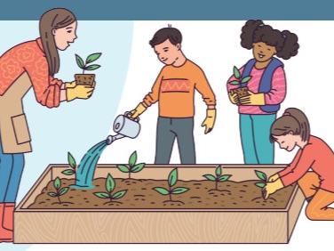 teacher and students at raised bed