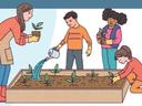 teacher and students at raised bed