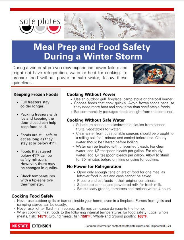 Safe plates 'Meal Prep and Food Safety during a Winter Storm Factsheet'