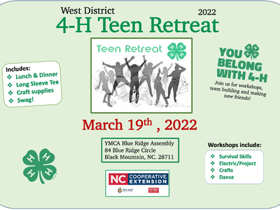 West District 4-H Teen Retreat, March 19th, 2022; YMCA Blue Ridge Assembly, 84 Blue Ridge Circle