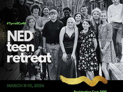 Group of teenagers posing outside; text: "NED teen retreat", "March 8-10, 2024", "$100"