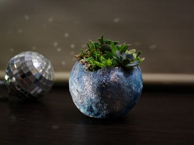 miniature garden in blue round planter