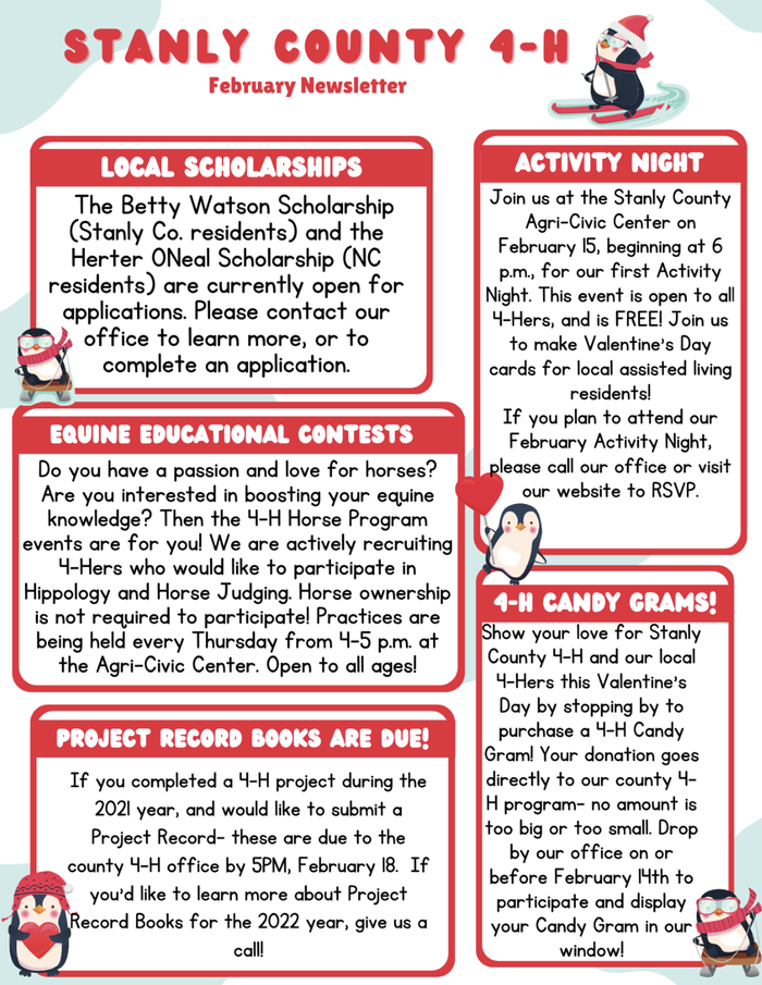 Stanly County 4‑H February newsletter with headings: Local Scholarships, Activity Night