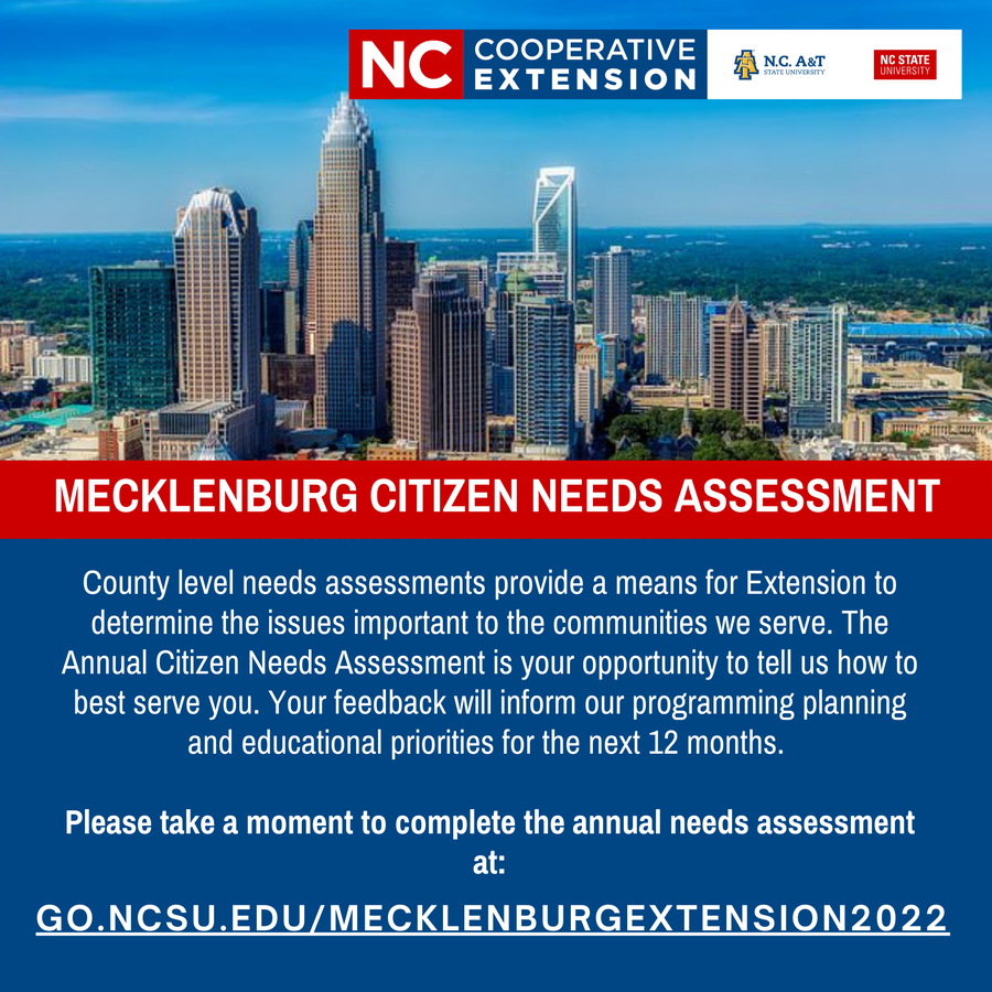 City skyline with "MECKLENBURG CITIZEN NEEDS ASSESSMENT" banner and URL go.ncsu.edu/mecklenburgextension2022