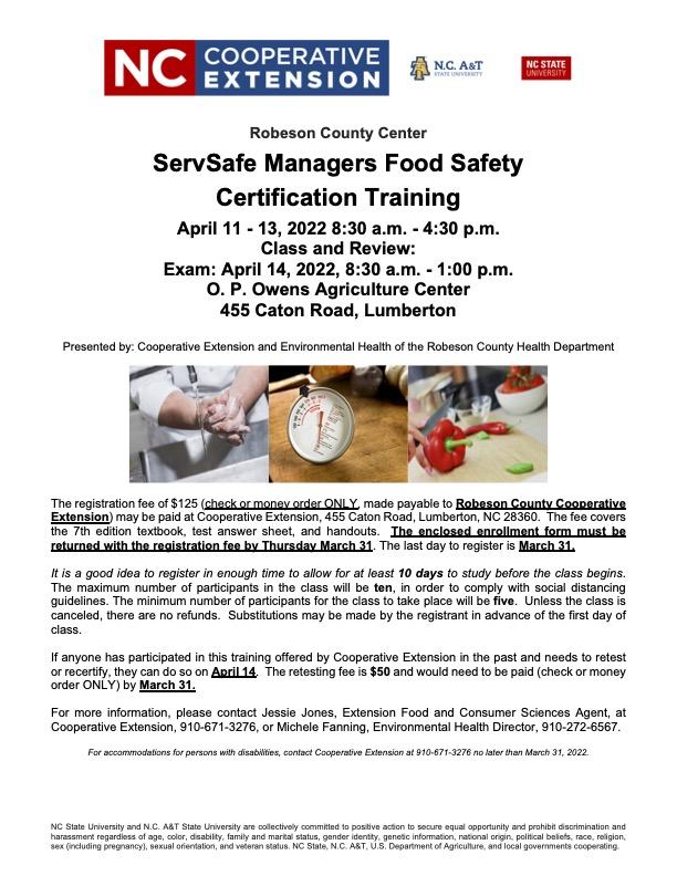 ServSafe Managers training Apr 11–13; exam Apr 14, 2022; O.P. Owens Ag Center