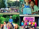 Collage: campfire amphitheater, two girls holding a painting, child on horseback, girls by banner
