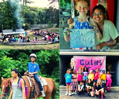 Collage: campfire amphitheater, two girls holding a painting, child on horseback, girls by banner