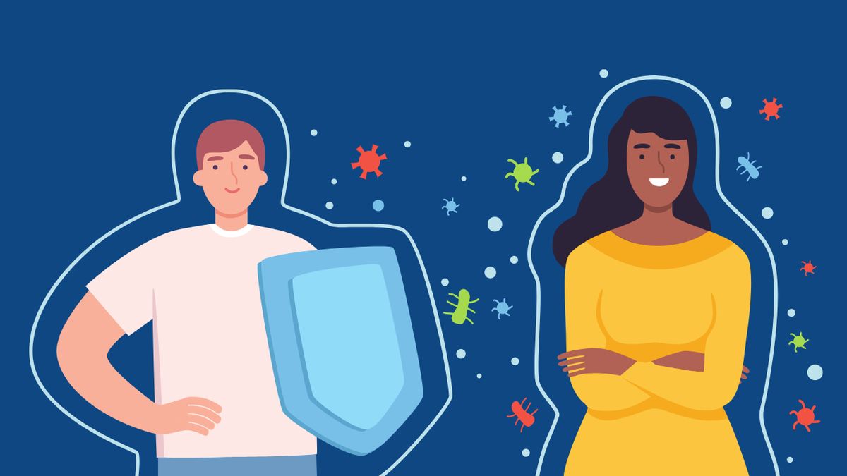 Man holding shield and woman with arms crossed surrounded by floating microbes