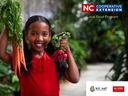 Girl holding carrots and radishes; "NC Cooperative Extension Local Food Program" and university logos