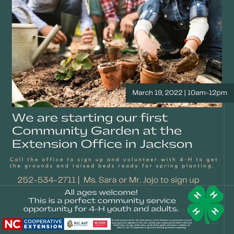 Hands planting seedlings in pots; text: "Community Garden at the Extension Office in Jackson" Mar 19, 2022