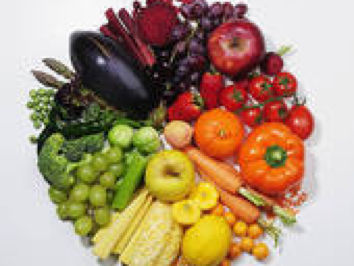 Various fruits and vegetables arranged by color in a circle.
