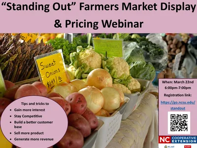 Farmers market produce with sign "Sweet Onions $1.49/lb"; webinar Mar 22 6–7pm registration link