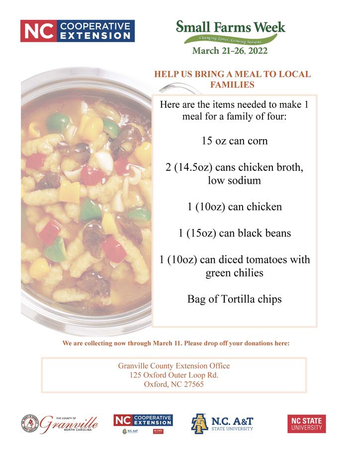 Donation list: corn; 2 chicken broths; canned chicken; black beans; diced tomatoes; tortilla chips