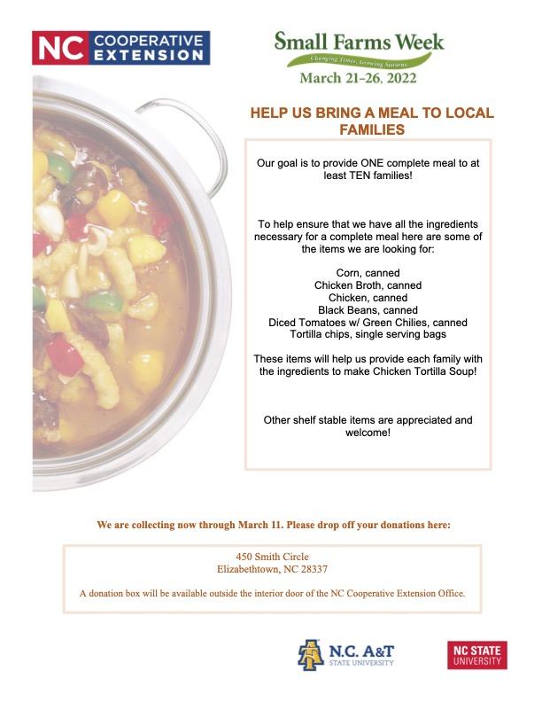 Flyer: Small Farms Week Mar 21–26, 2022; donate canned goods to provide meals to local families