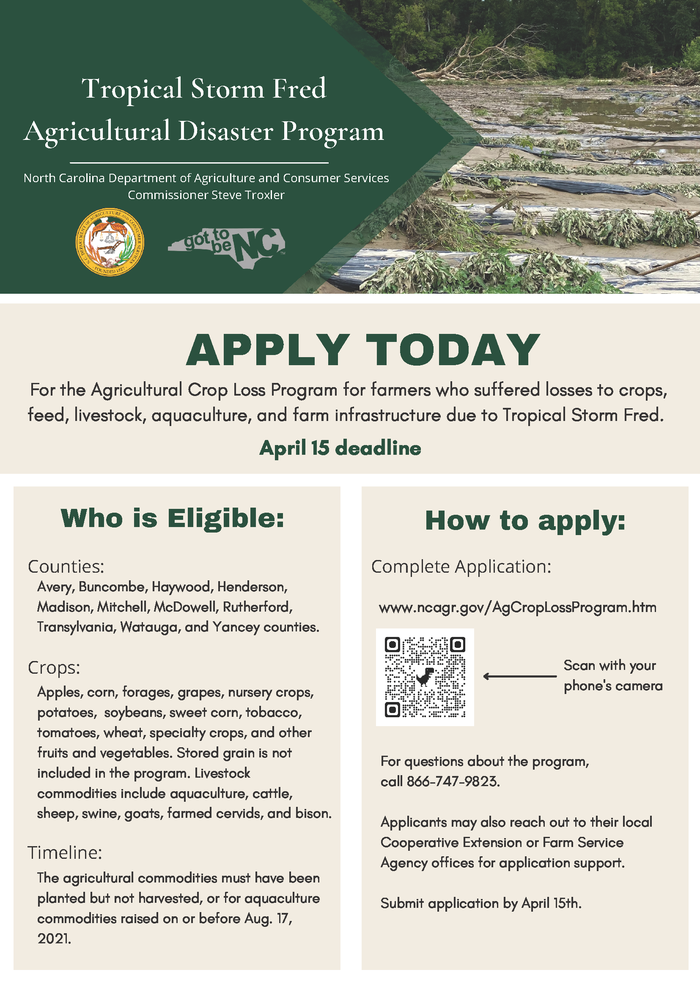 Tropical Storm Fred Agricultural Disaster Program flyer: "Apply Today" April 15 deadline