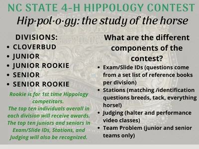 NC State 4-H Hippology Contest poster listing divisions and contest components