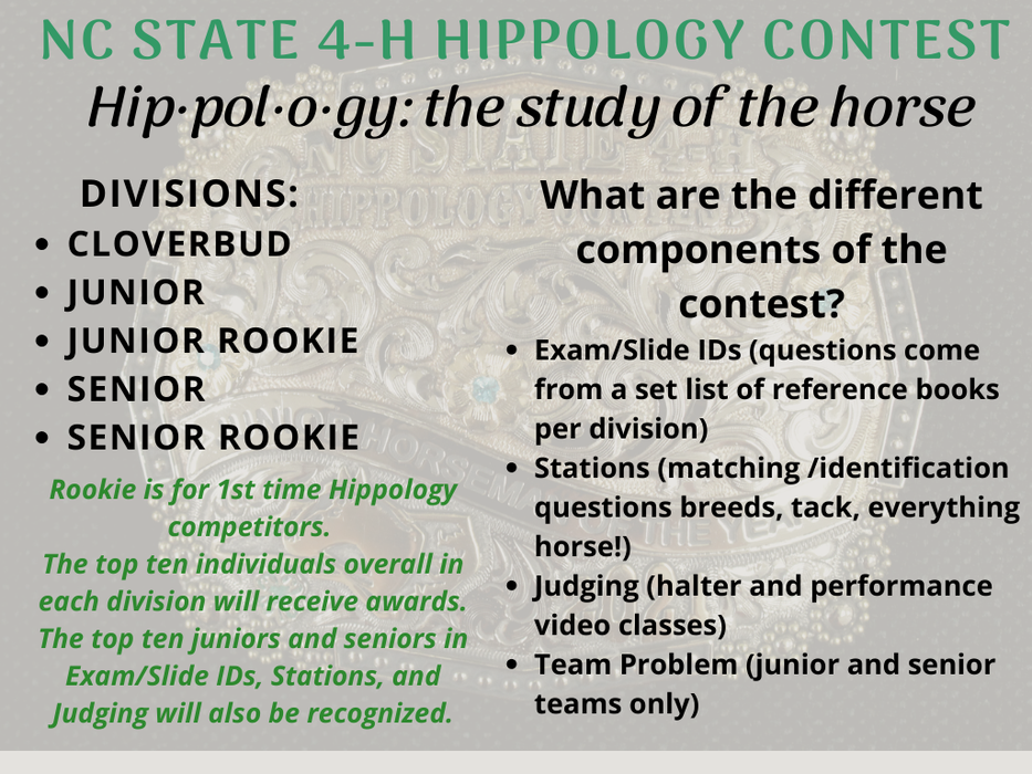 NC State 4-H Hippology Contest poster listing divisions and contest components
